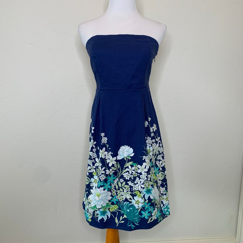 Old Navy Blue White Green Floral Strapless Dress Sz 6